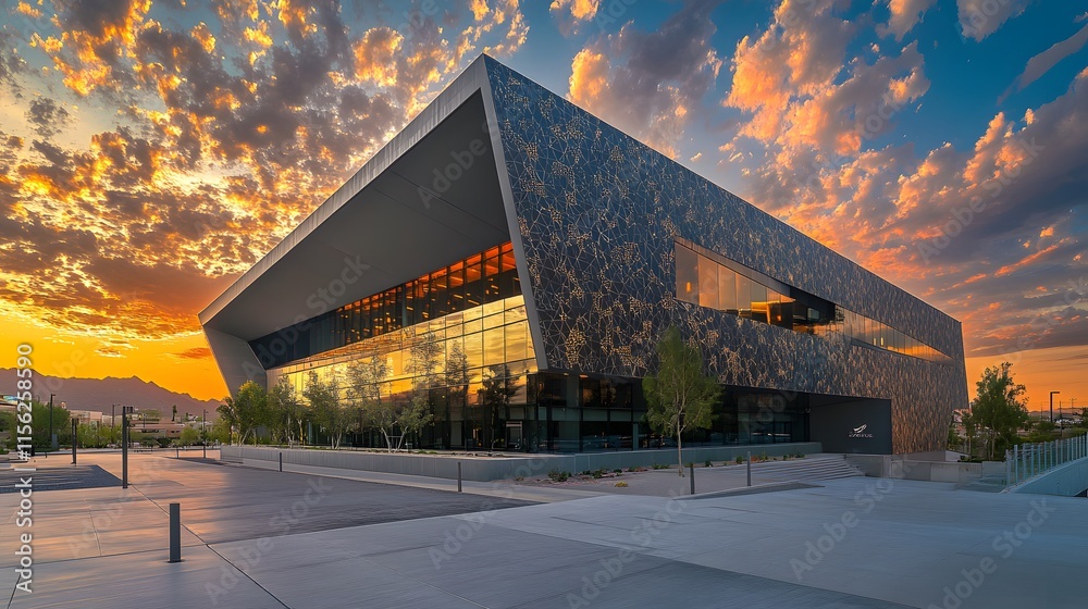 Obraz premium Modern Building Sunset Sky Dramatic Architecture