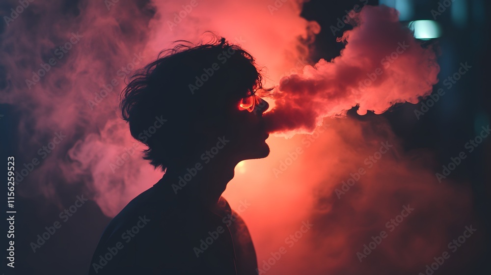 Silhouetted Person Exhaling Vapor In Red Lighting Silhouetted Person Exhaling Vapor In Red Lighting