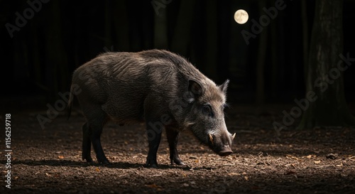 Wild Boar Under Moonlight In Forest At Night