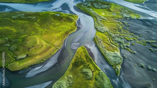 Aerial view of braided river. Scenic view of Markarfljot in Iceland. Image is representing beautiful nature