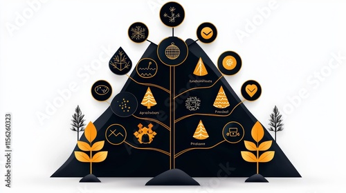 Elegant Black and Orange Christmas Tree Adorned with Colorful Icons Creating a Unique and Festive Atmosphere for Holiday Celebrations and Gatherings
