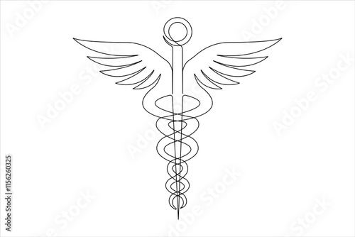  Medical symbol caduceus. Continuous one line art drawing of Vector illustration
