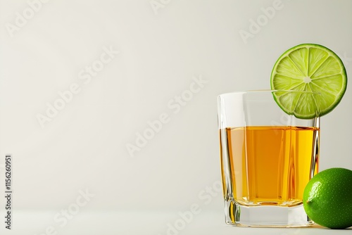 Refreshing Beverage with Lime Slice on Glass Against Soft Background