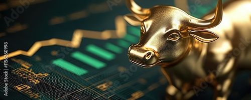 Bull market idea. A golden bull statue symbolizes market growth and financial success in trading. photo