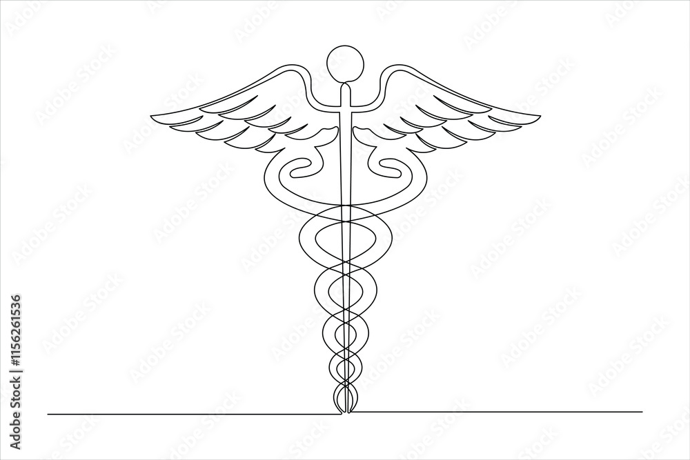 Medical symbol caduceus. Continuous one line art drawing of Vector illustration Medical symbol caduceus. Continuous one line art drawing of Vector illustration