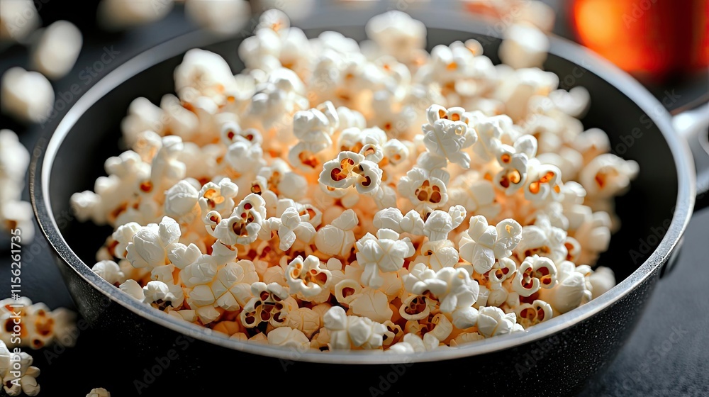 Popcorn pan concept. Delicious, fluffy popcorn in a bowl, perfect for movie nights and snacks. Popcorn pan concept. Delicious, fluffy popcorn in a bowl, perfect for movie nights and snacks.