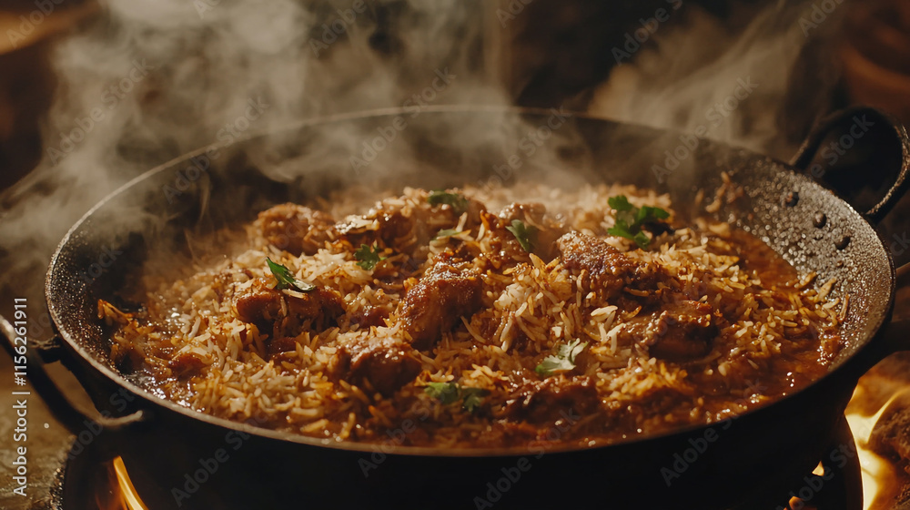 Cooking a flavorful dish with rice and meat in a traditional pot. Cooking a flavorful dish with rice and meat in a traditional pot.
