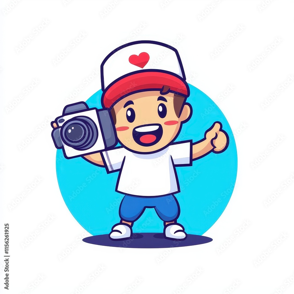 Whimsical Cartoon Character Joyfully Capturing Moments with a Camera in a Vibrant Outdoor Setting Surrounded by Nature and Colorful Elements Whimsical Cartoon Character Joyfully Capturing Moments with a Camera in a Vibrant Outdoor Setting Surrounded by Nature and Colorful Elements