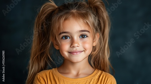 Joyful Little Girl with Ponytail Wearing Bright Yellow Shirt Radiating Happiness in Vibrant Outdoor Setting Surrounded by Lush Greenery and Sunshine