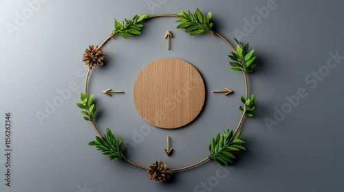 Natural Wooden Circle Surrounded by Vibrant Leaves and Colorful Flowers on a Soft Gray Background Creating a Calming and Earthy Aesthetic