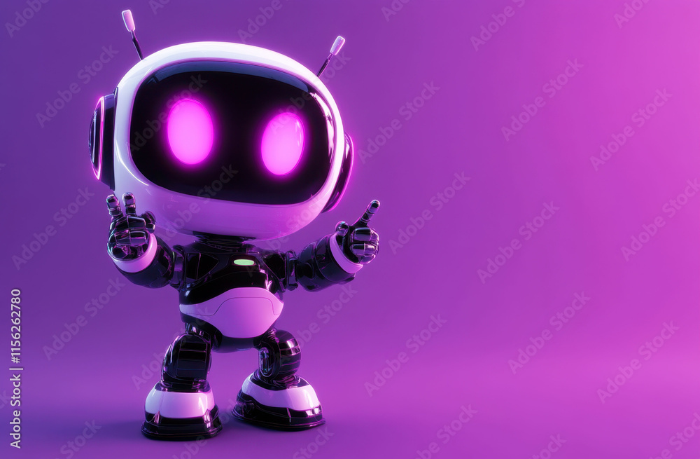 Robot with purple eyes and pink hands is standing on a purple background Robot with purple eyes and pink hands is standing on a purple background