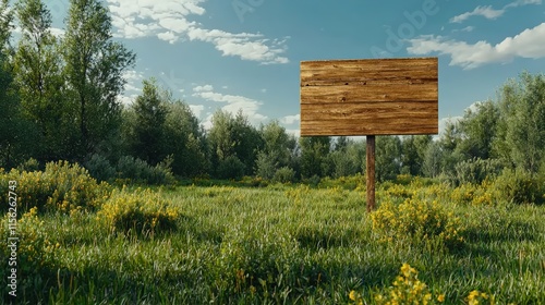 Charming Wooden Sign Nestled in Vibrant Field of Colorful Flowers Under Clear Blue Sky Evoking Feelings of Tranquility and Natural Beauty in Spring