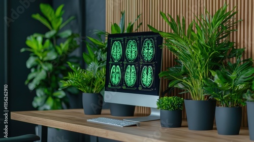 Intricate Human Scan Displayed on Computer Screen in Modern Medical Office with Bright Lighting Emphasizing Technology and Healthcare Innovation