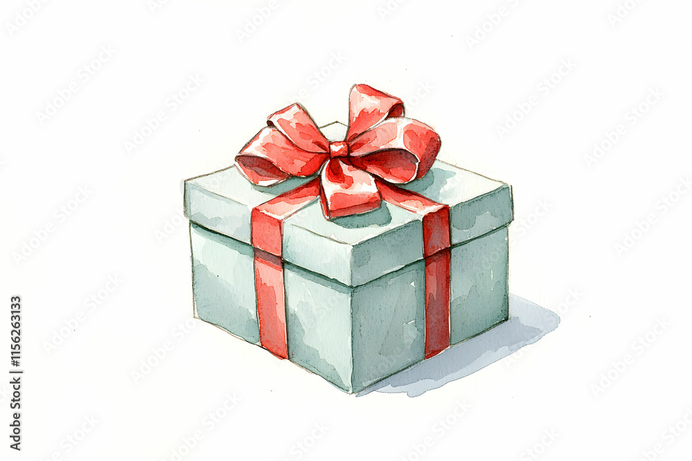 Obraz premium Hand-painted gift box with red ribbon and bow on a plain background for festive occasions and celebrations