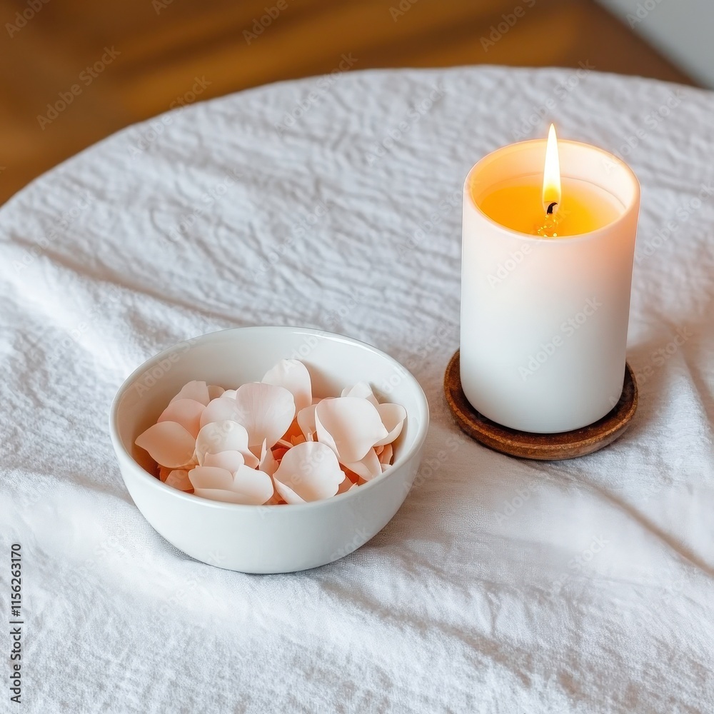 A serene setting featuring a bowl of delicate flower petals beside a softly glowing candle on a textured tablecloth. This arrangement evokes calmness and relaxation. A serene setting featuring a bowl of delicate flower petals beside a softly glowing candle on a textured tablecloth. This arrangement evokes calmness and relaxation.