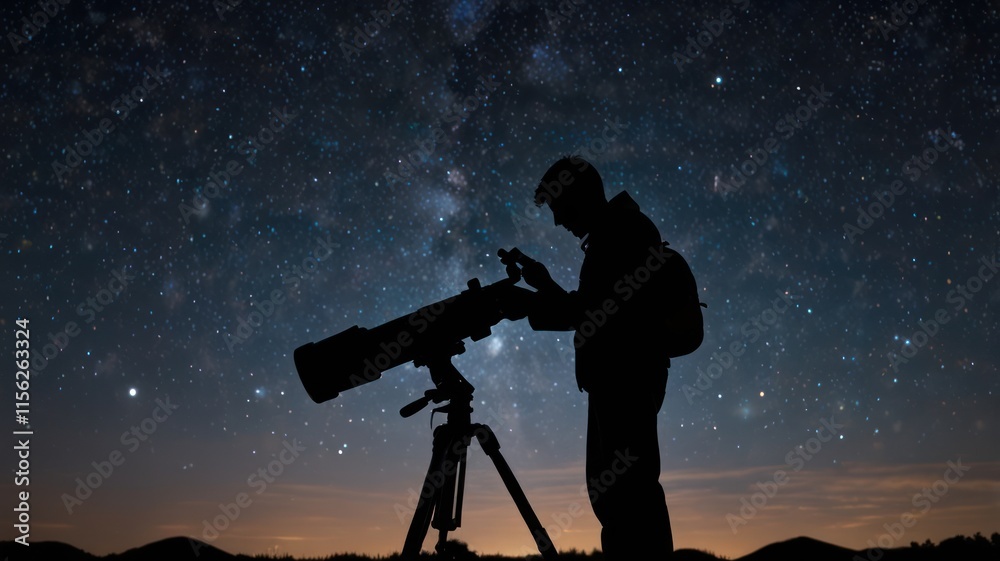 Stargazer using telescope under a night sky Stargazer using telescope under a night sky