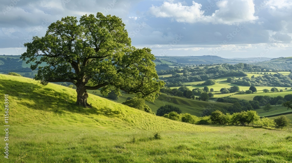 An Oak Tree In A Beautiful Rolling Landscape In The Cotswolds, England An Oak Tree In A Beautiful Rolling Landscape In The Cotswolds, England