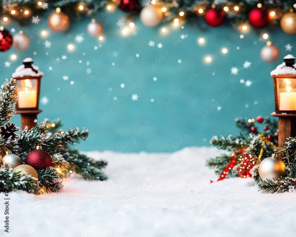 A festive winter scene featuring snow-covered ground, decorated evergreen branches, lanterns, and glowing candles, creating a warm holiday atmosphere. A festive winter scene featuring snow-covered ground, decorated evergreen branches, lanterns, and glowing candles, creating a warm holiday atmosphere.