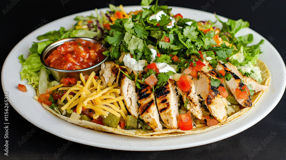A fresh plate of tacos filled with grilled chicken, crisp lettuce, melted cheese, and zesty salsa, beautifully garnished with cilantro, creating a colorful and appetizing meal.
A fresh plate of tacos filled with grilled chicken, crisp lettuce, melted cheese, and zesty salsa, beautifully garnished with cilantro, creating a colorful and appetizing meal.