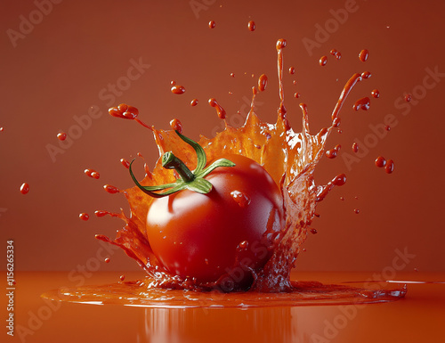 Vibrant red sauce splashing onto a fresh tomato photo