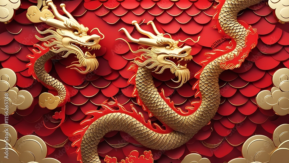 Obraz premium Two Golden Dragons on Red Scaled Background