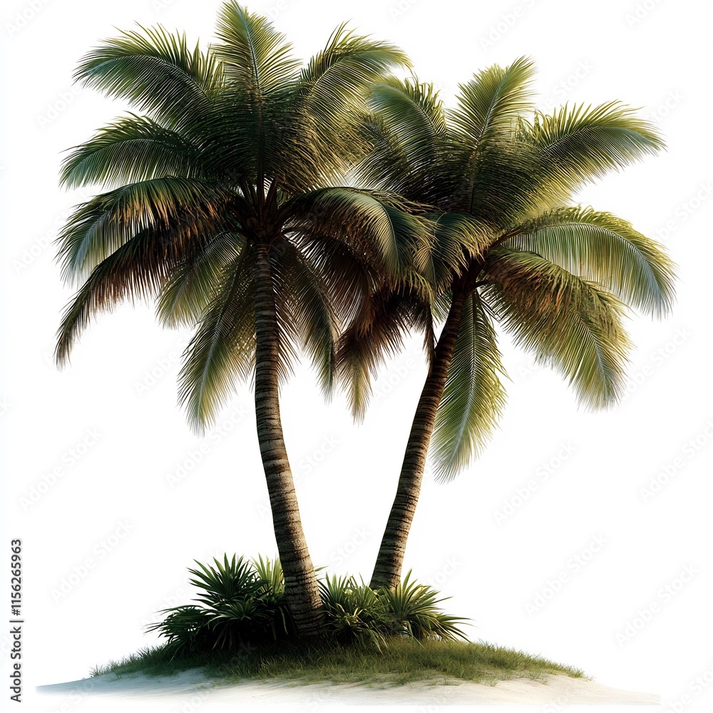 Fototapeta premium Tropical Paradise: Two Majestic Palm Trees on a Secluded Island
