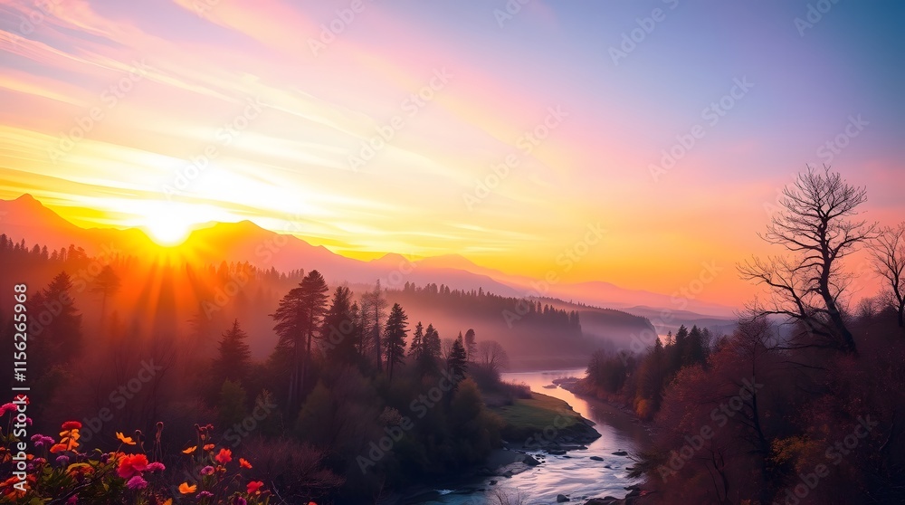 Spring Forest Mountain River in Sunrise Spring Forest Mountain River in Sunrise