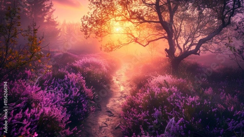 A path through blooming heather at sunrise at the Posbank, The Netherlands photo