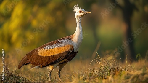 White-crowned Kori Bustard in golden meadow. photo