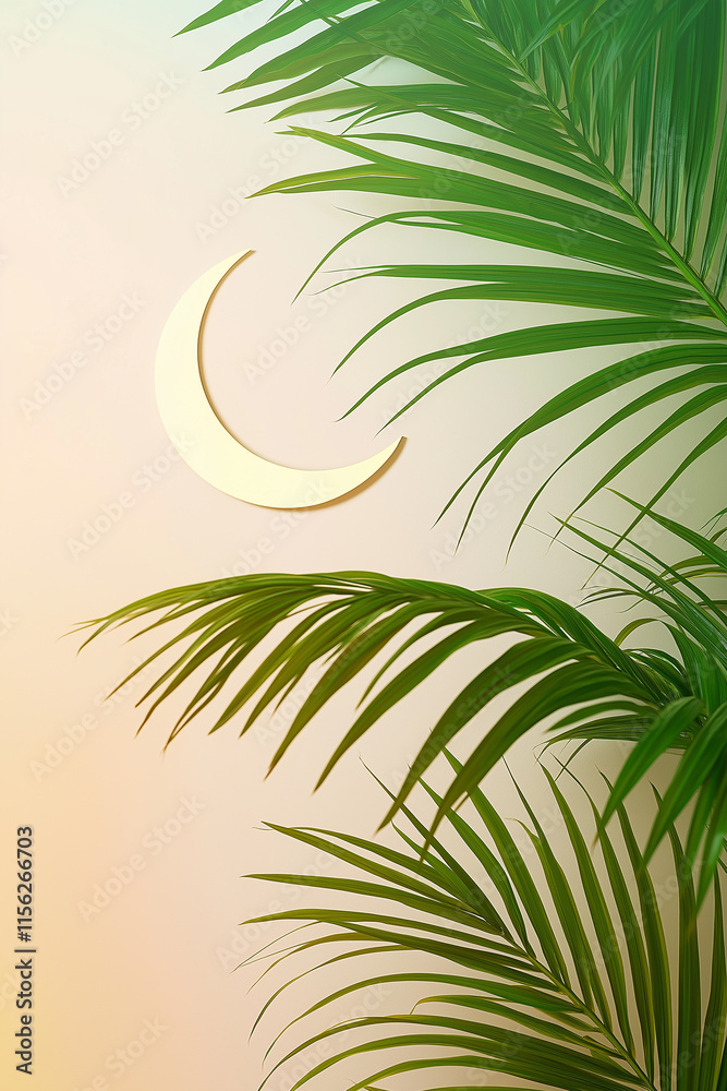 Fototapeta premium Soft green palm leaves framing a bright crescent moon on a pastel-colored background for a natural yet festive Ramadan feel
