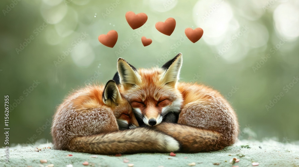 Fototapeta premium Two red foxes cuddling, hearts above.