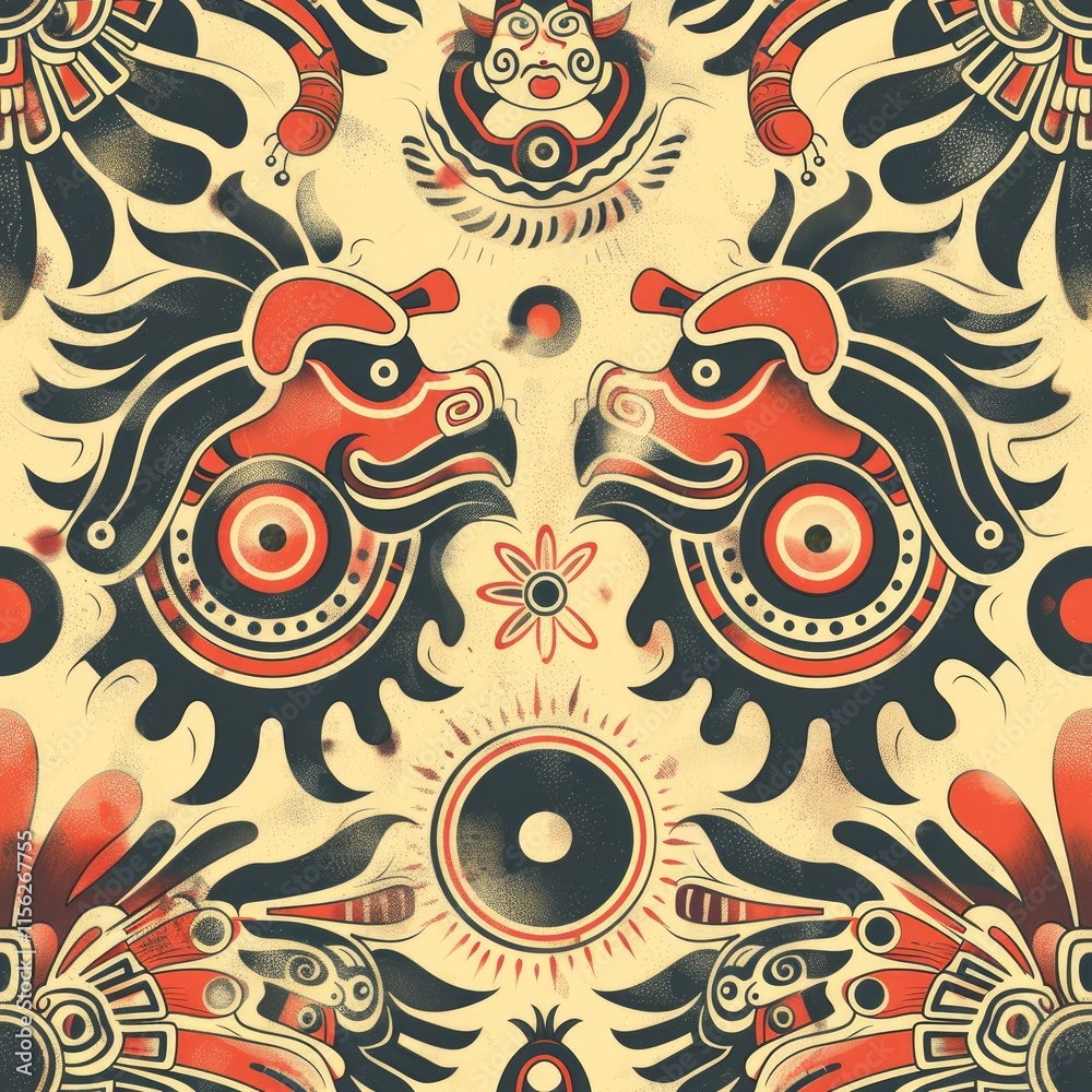 Fototapeta premium A vibrant pattern featuring stylized animal motifs and intricate designs.