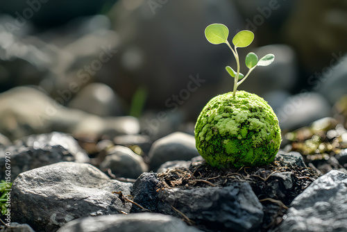 Close-up of a green planet Earth on stone background photo