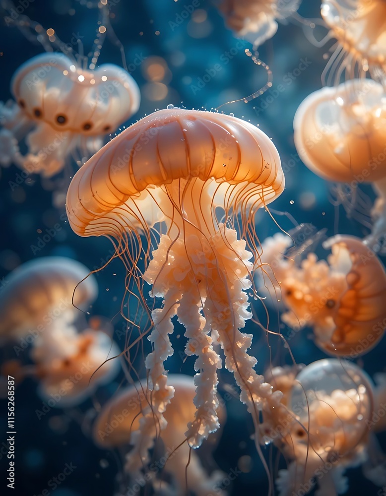 Obraz premium A Group Of Orange Jellyfish Swim Gracefully Underwater