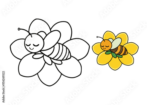 A cute coloring page of a sleepy bee resting peacefully on a vibrant flower. Perfect for kids and adults to enjoy coloring nature’s beauty and a serene moment in the wild!