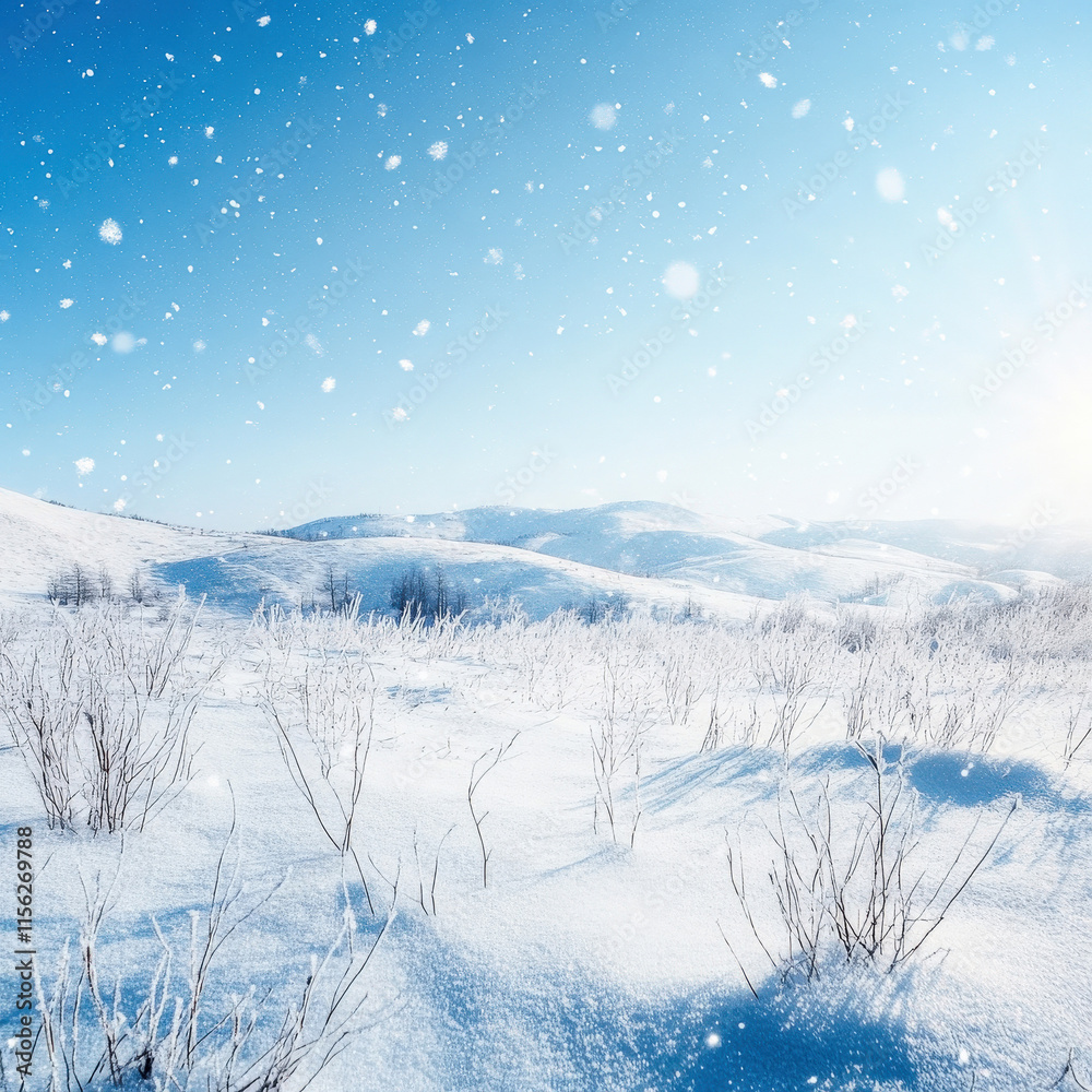 Fototapeta premium A serene frozen landscape under a bright, clear sky, with soft snowflakes gently falling over pristine white snow, creating a peaceful winter scene.