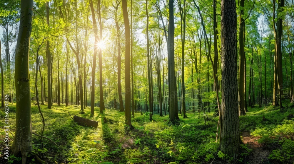 Beautiful forest panorama in spring with bright sun shining through the trees Beautiful forest panorama in spring with bright sun shining through the trees