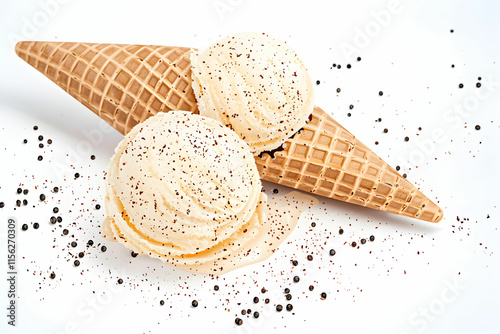 Creamy vanilla ice cream in cone with chocolate sprinkles on white background, melting scoop, delicious dessert treat