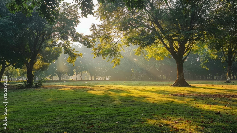 Fototapeta premium Beautiful landscape in park with tree and green grass field at morning.