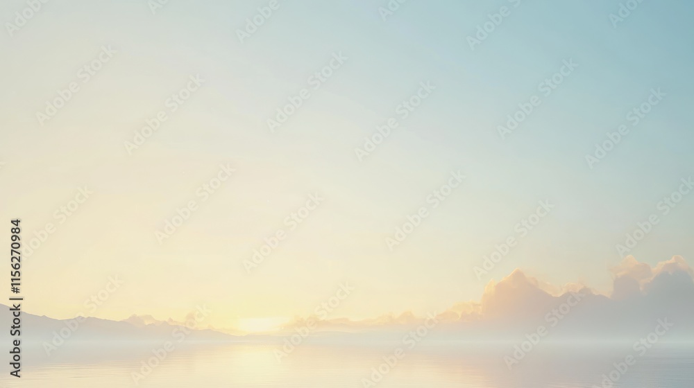 Serene sunrise over calm lake, misty mountains. Serene sunrise over calm lake, misty mountains.