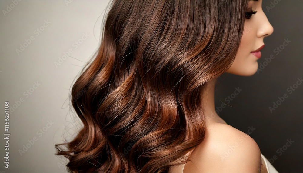 female hair model from the side with long brown hairstyle and a luxurious curls, close-up