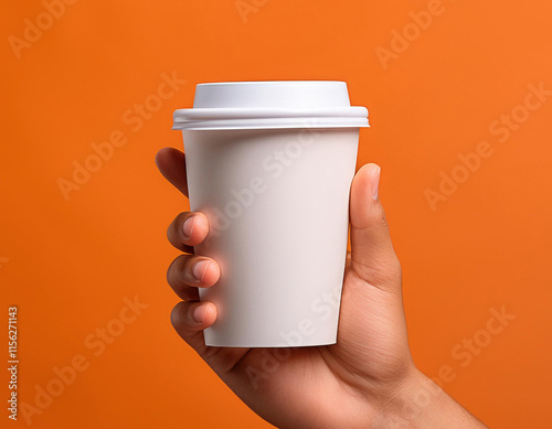 Maqueta de mano teniendo un vaso de papel reciclado para bebidas photo