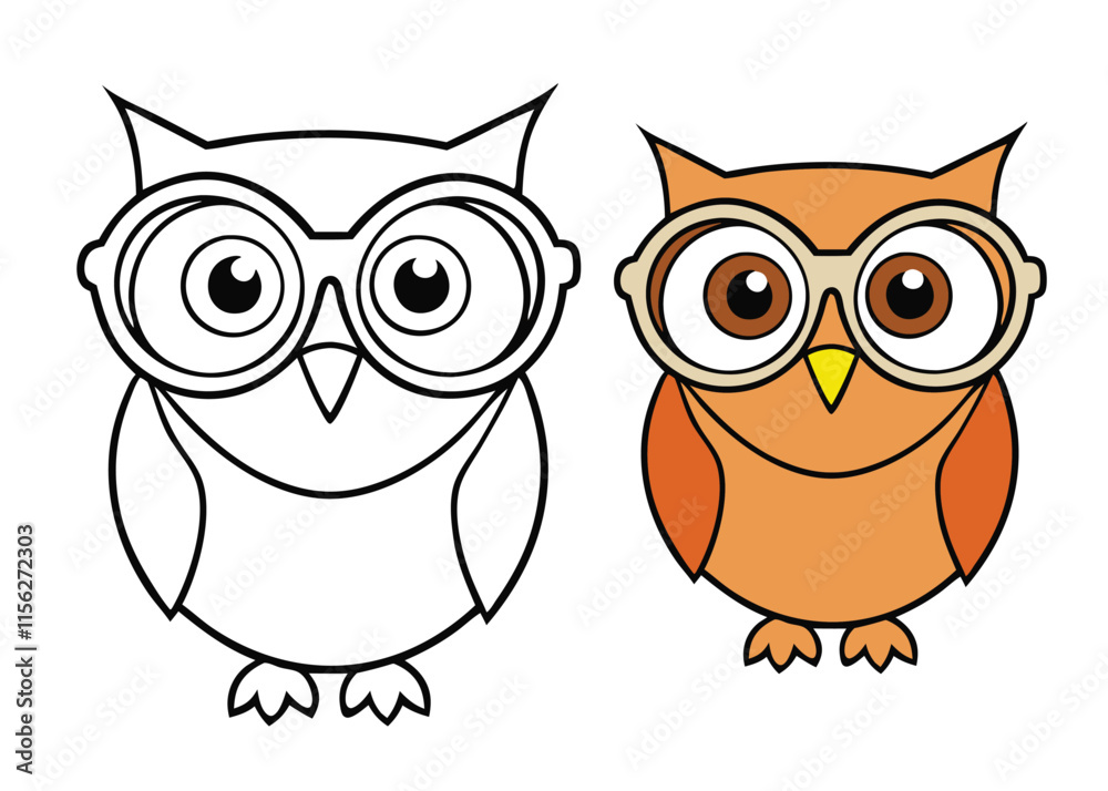 Obraz premium A cute coloring page of a little owl wearing oversized glasses, perched on a branch, with playful details like stars and leaves, perfect for kids and adults to enjoy.