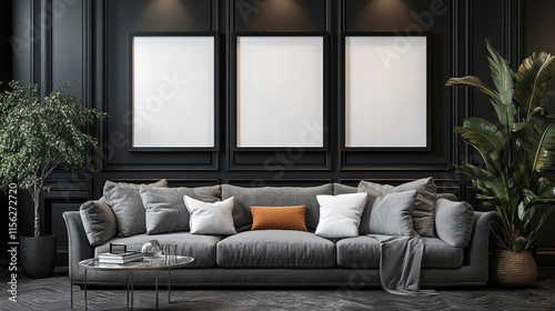 Modern Living Room Interior Featuring Three Blank Picture Frames Above a Plush Grey Sofa with Green Plants and Elegant Decor Elements