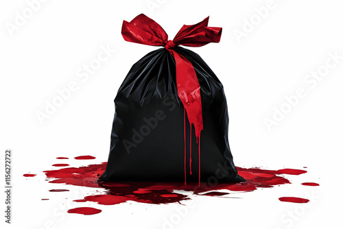 Black Garbage Bag Puddled with Red Liquid on a White Background for Dramatic and Suspenseful Imagery photo