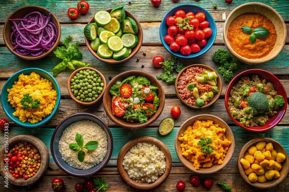 Delicious Food Bowls on Rustic Wooden Table - AI Photography Delicious Food Bowls on Rustic Wooden Table - AI Photography