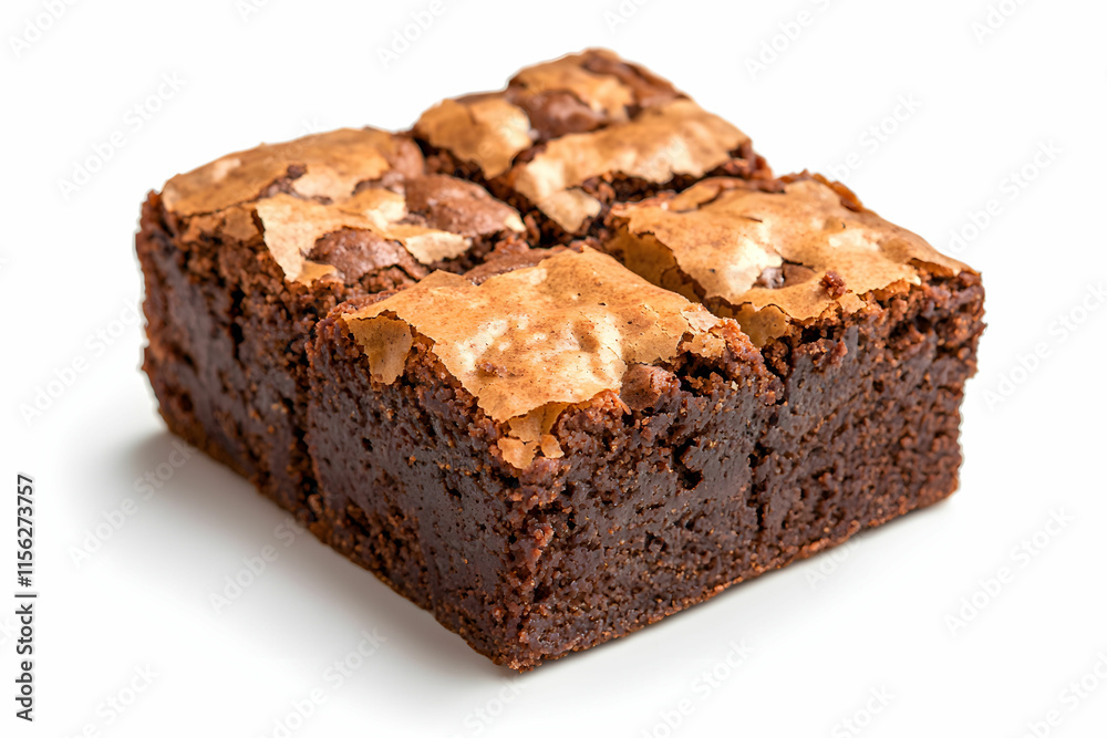 Rich chocolate brownie square with a crackled top and moist interior on a white background Rich chocolate brownie square with a crackled top and moist interior on a white background