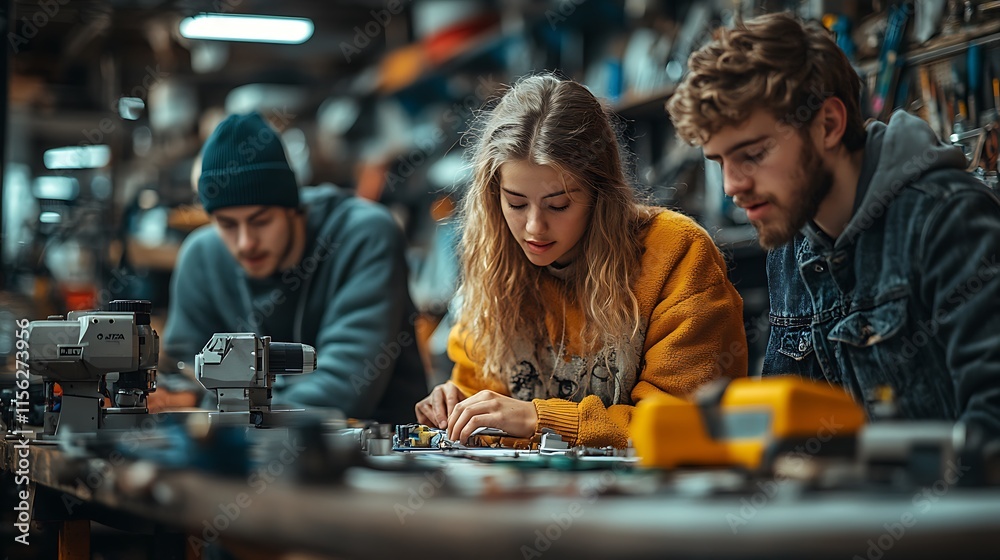 Young adults collaborate on a technical project in a workshop