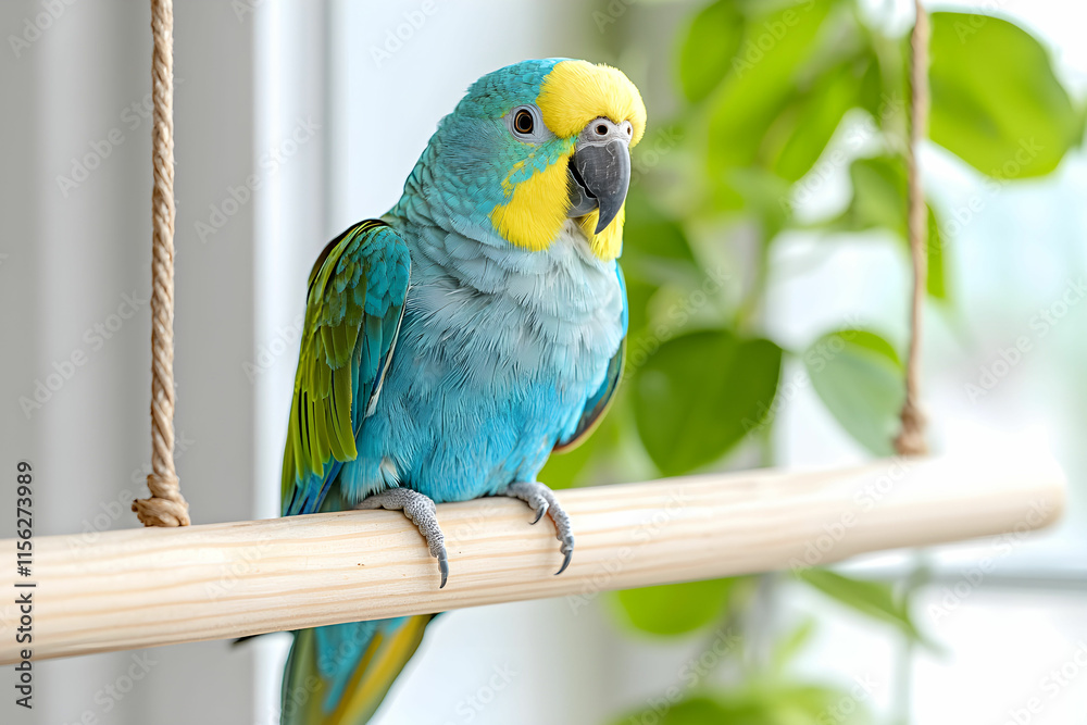 Obraz premium Colorful tropical parrot perched on wooden bar with lush greenery in soft natural light, showcasing vibrant feathers and lively expression