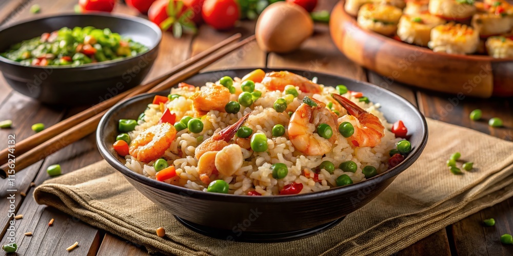 Delicious Shrimp Fried Rice - Restaurant Style Dish with Copy Space Delicious Shrimp Fried Rice - Restaurant Style Dish with Copy Space